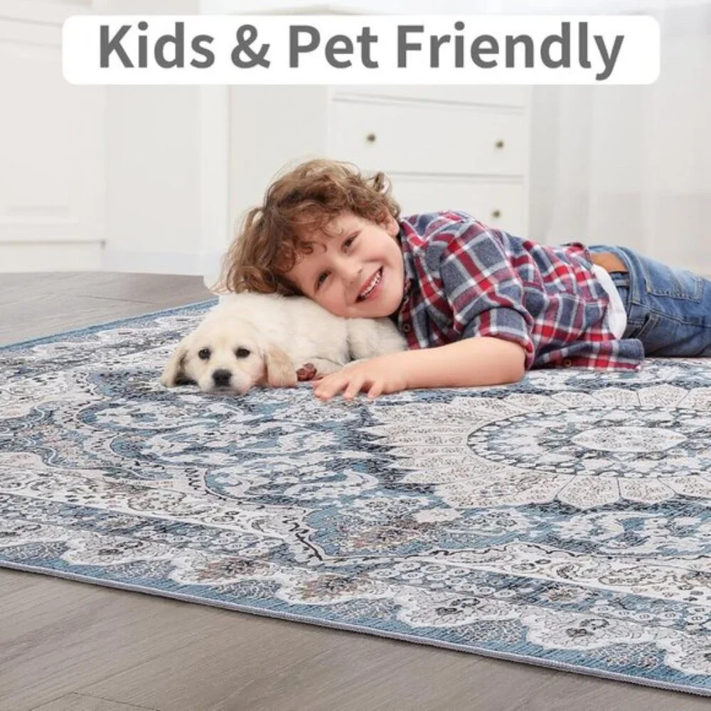 New 6x9 Blue Vintage Washable Rug Non-Slip Low Pile Carpet for Home & Room